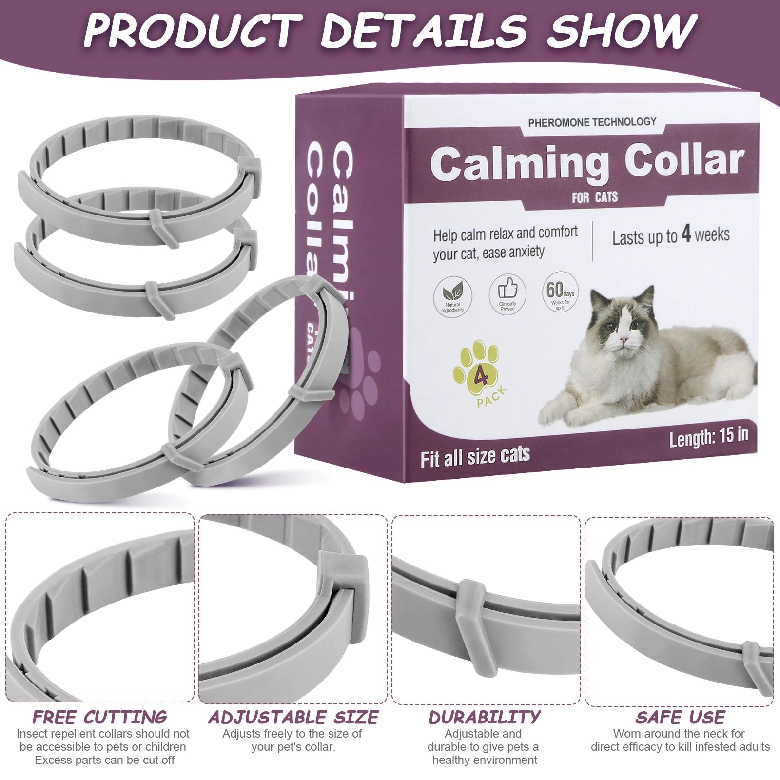 4PCS Adjustable Cat Calming Pheromone Collars
