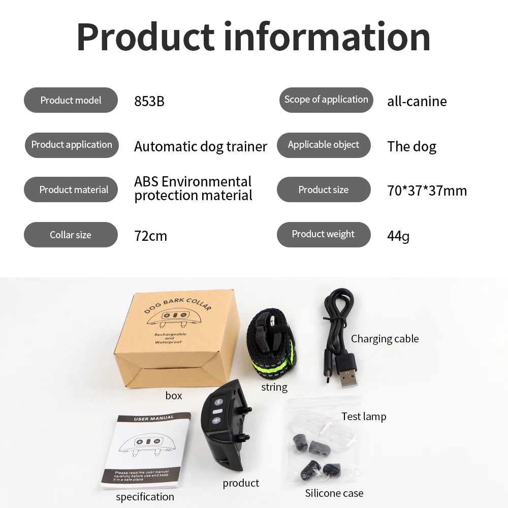 USB Rechargeable Auto Anti-Bark Dog Collar  Brief Product Description (Bullet Points):