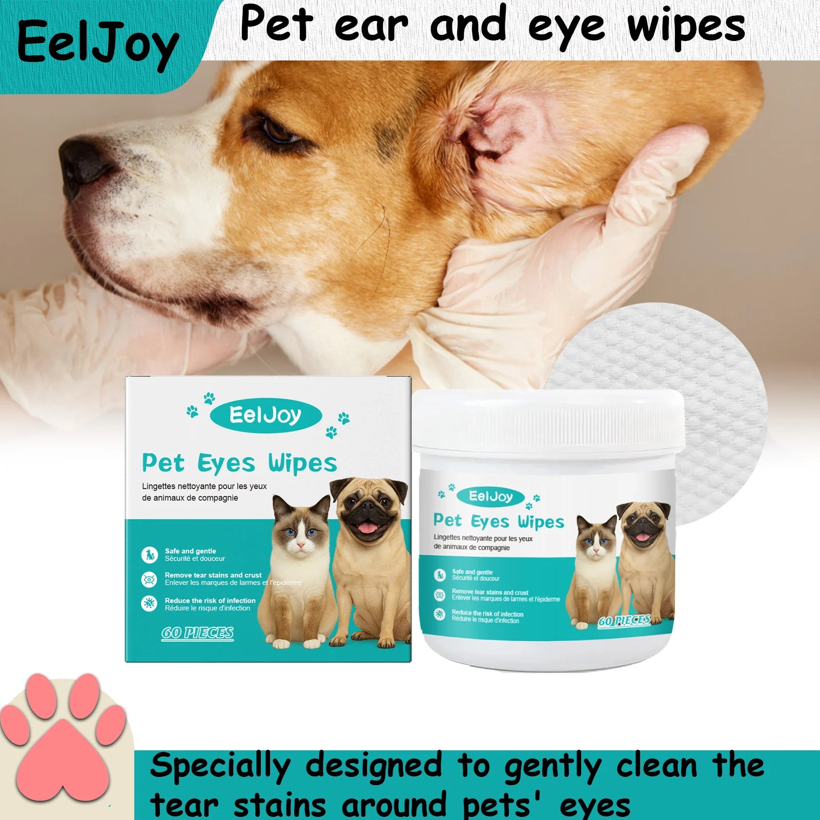 EELJOY Pet Eye & Ear Cleaning Wipes – 60 Pieces